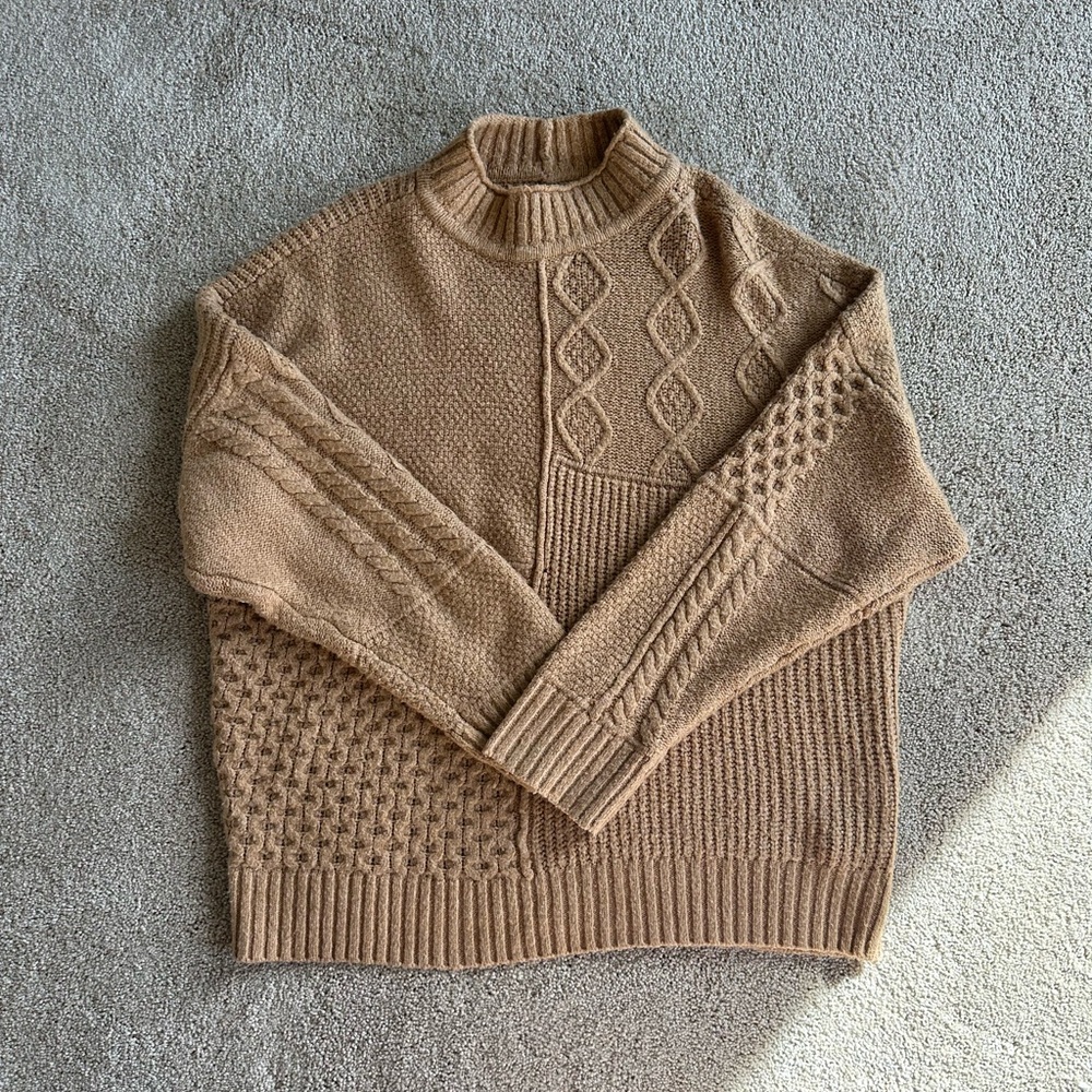 American Eagle Women’s Tan Soft and Cozy Mixed Stitch Pullover Sweater